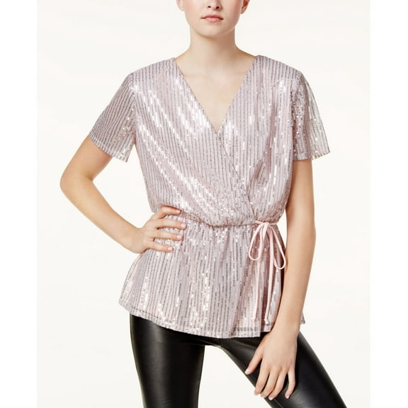 Be Bop Juniors' Sequined Faux-Wrap Top (Blush Multi, XS)