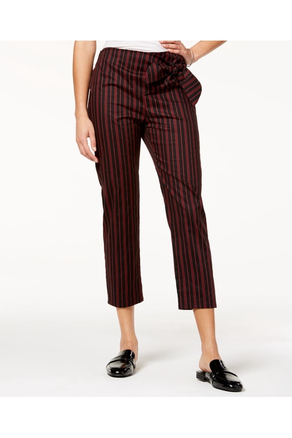 Be Bop Juniors Striped Tie Waist Cropped Pants Black Burgundy Stripe S