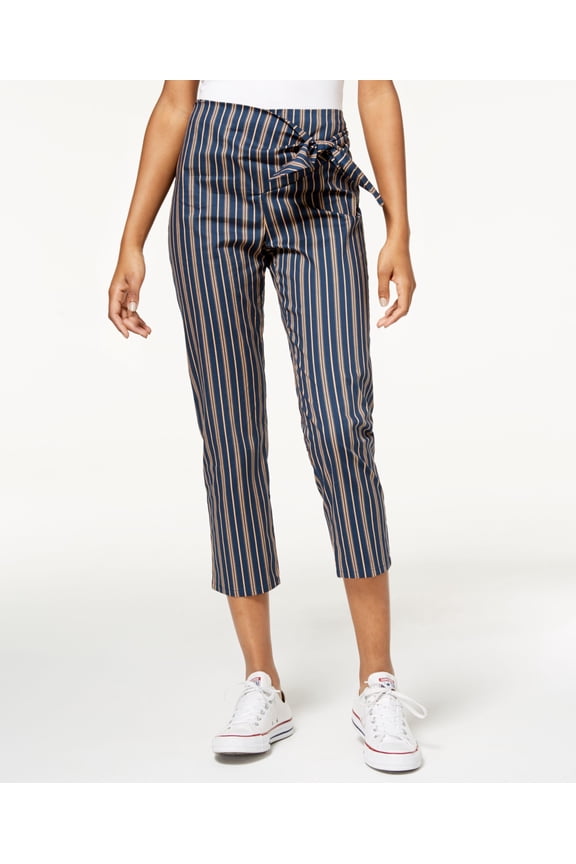 Be Bop Juniors Striped Tie Waist Cropped Pants Navy Gold Stripe M
