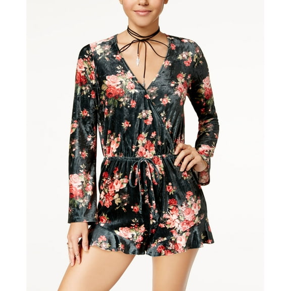 Be Bop Juniors' Velvet Floral-Print Romper (Olivered, L)