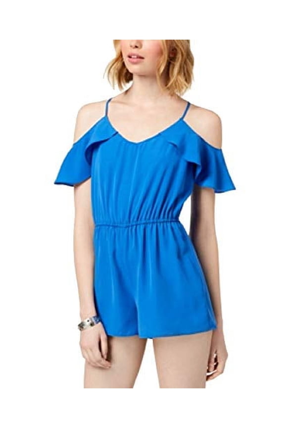 Be Bop Womens French Blue Sleeveless Ruffled Solid Romper;M