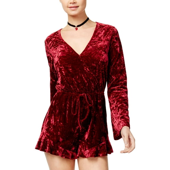 Be Bop Womens Juniors Crushed Velvet Surplice Romper