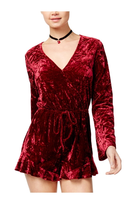 Be Bop Womens Juniors Crushed Velvet Surplice Romper