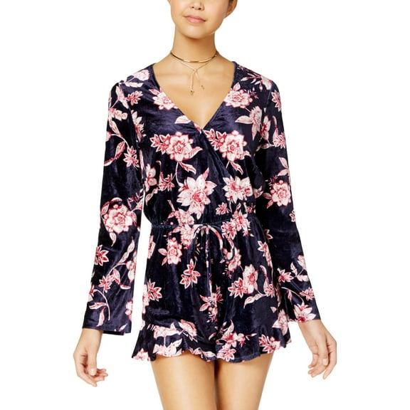 Be Bop Womens Juniors Velvet Floral Print Romper Navy M