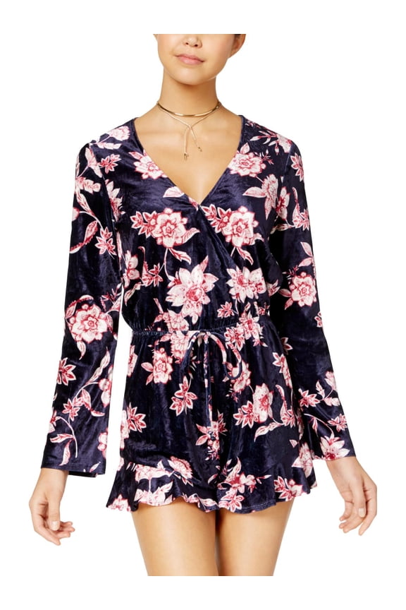 Be Bop Womens Juniors Velvet Floral Print Romper Navy M