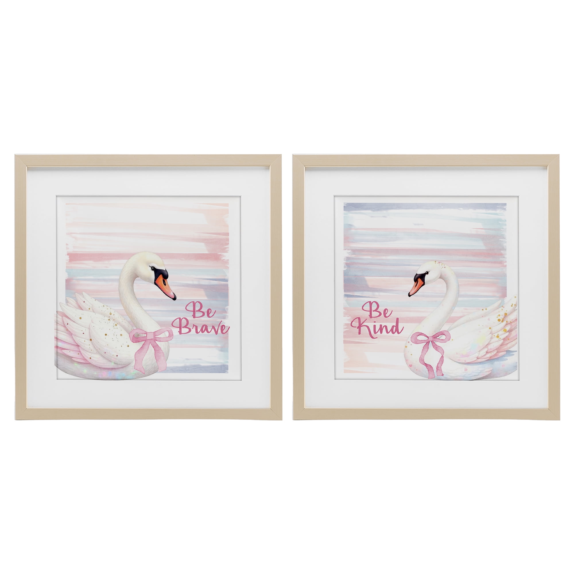 Be Brave & Kind Pastel Swan 2 Piece Birch Framed Print Under Glass Set, design by Kim Allen