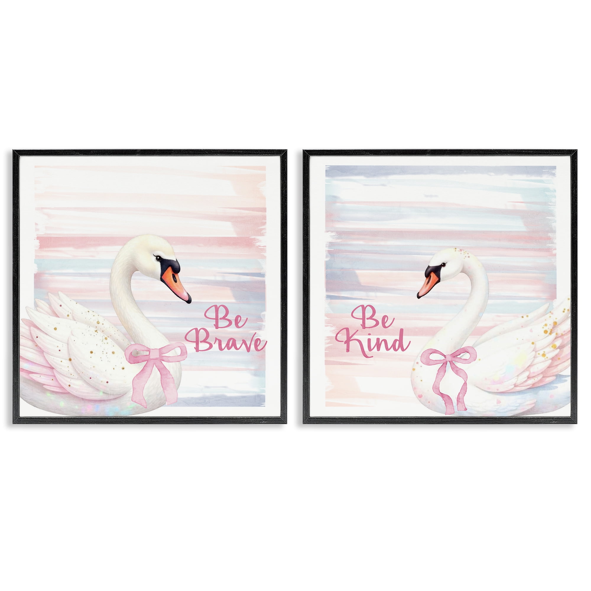 Be Brave & Kind Pastel Swan 2 Piece Black Framed Giclee Art Set, design by Kim Allen
