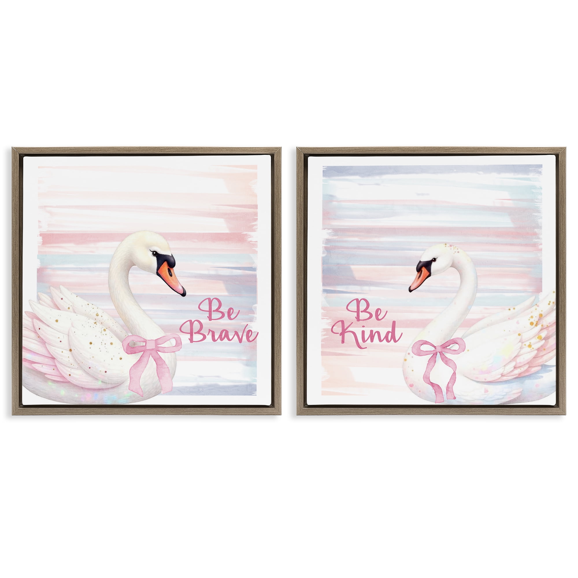 Be Brave & Kind Pastel Swan 2 Piece Brown Framed Floater Canvas Set, design by Kim Allen