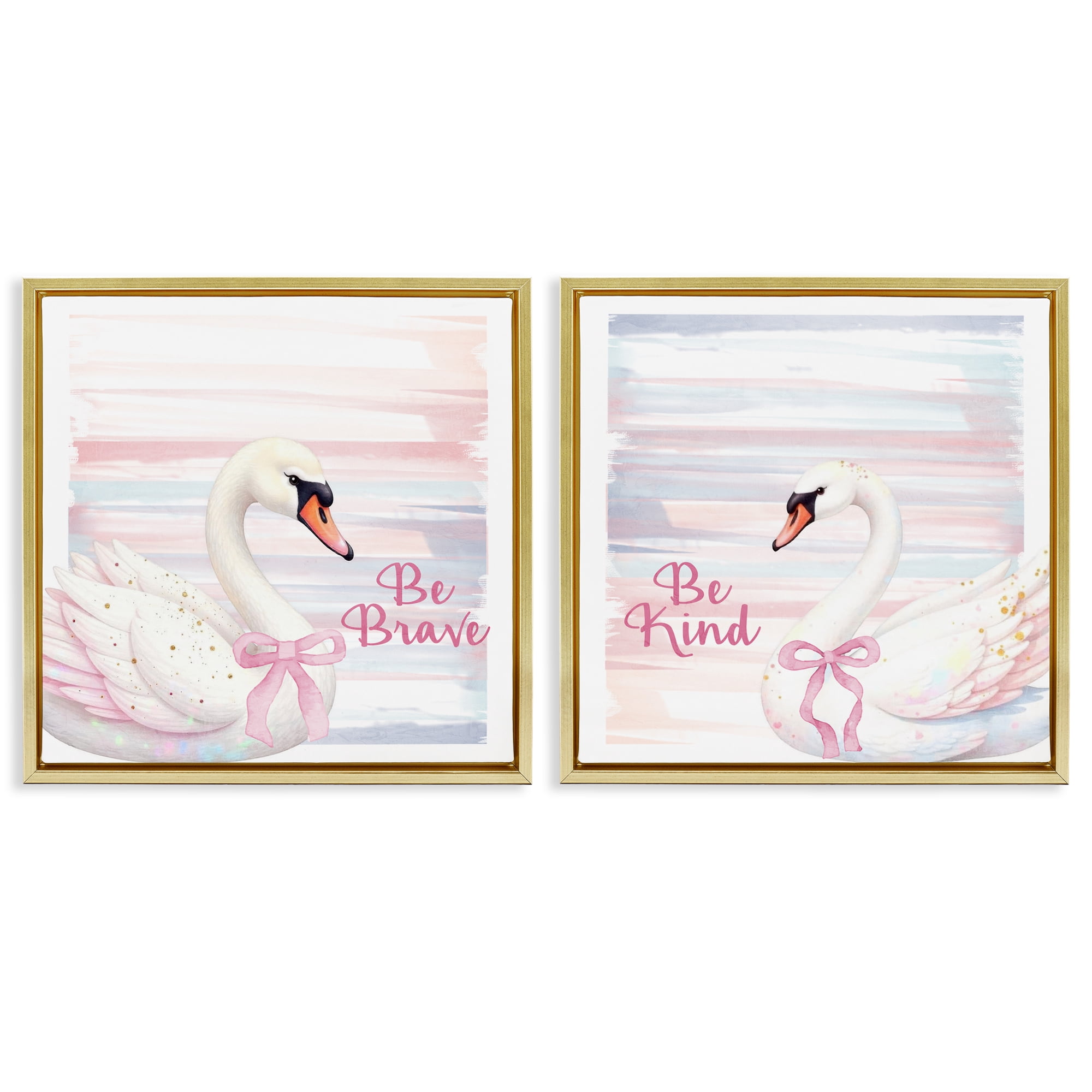 Be Brave & Kind Pastel Swan 2 Piece Gold Framed Floater Canvas Set, design by Kim Allen