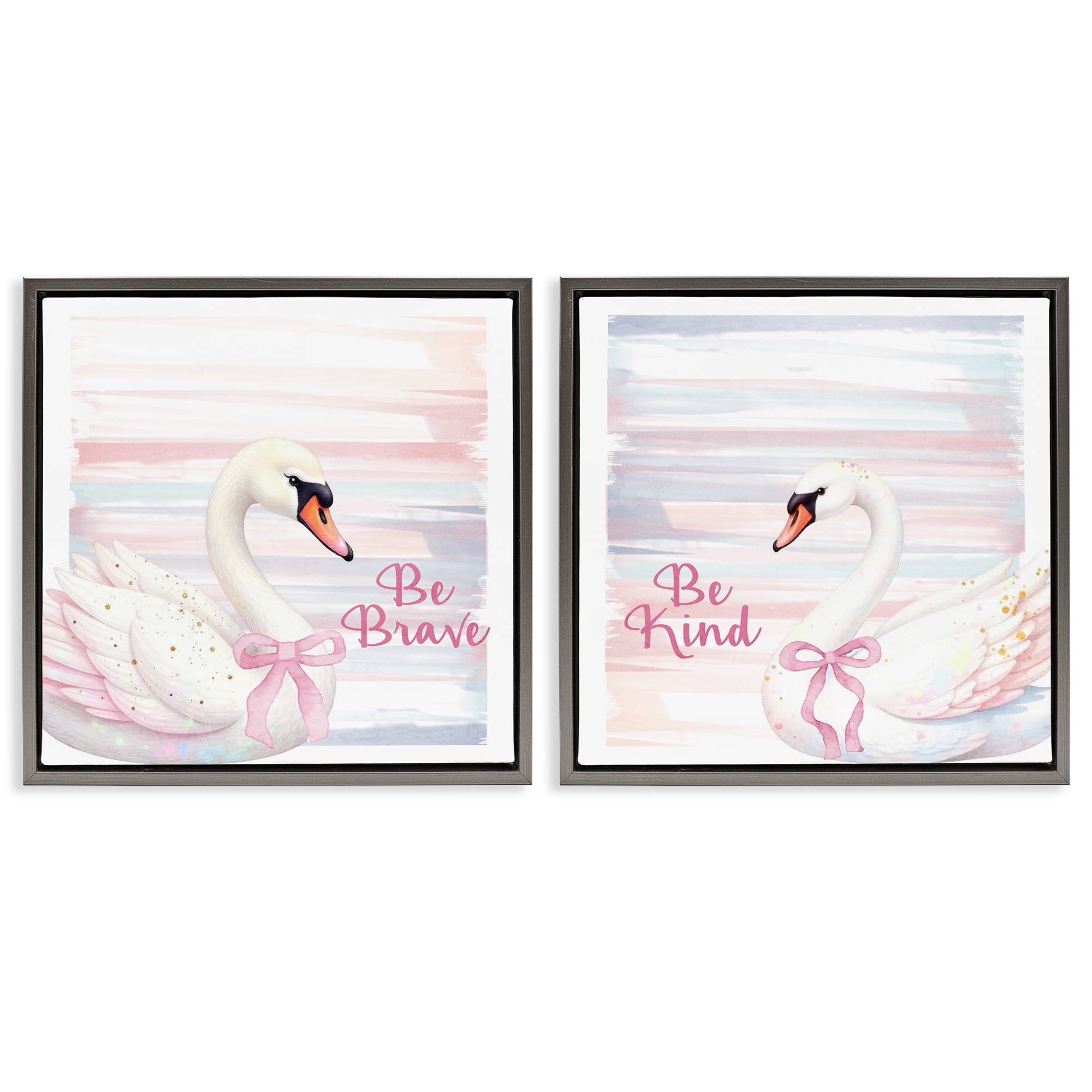 Be Brave & Kind Pastel Swan 2 Piece Gray Framed Floater Canvas Set, design by Kim Allen