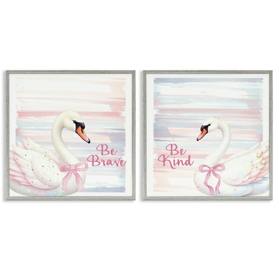 Be Brave & Kind Pastel Swan 2 Piece Gray Framed Giclee Art Set, design by Kim Allen