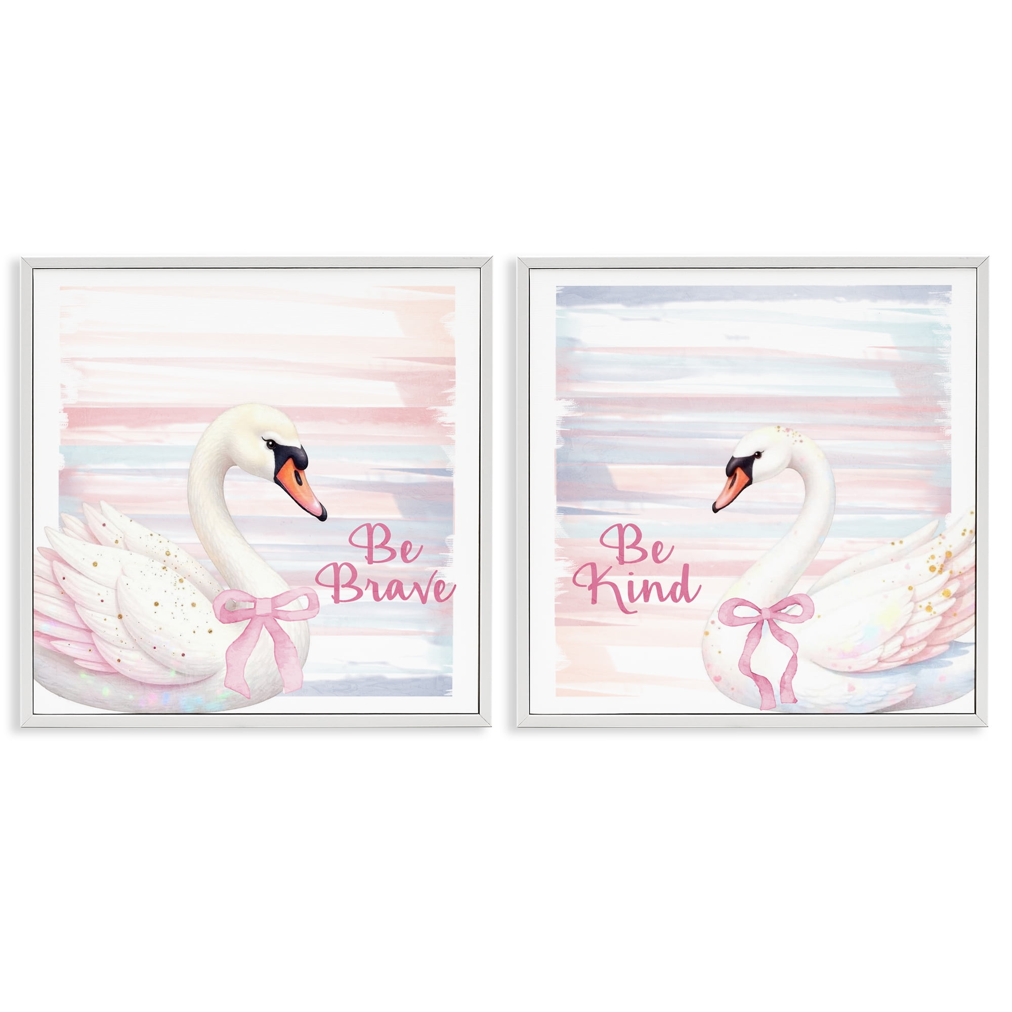 Be Brave & Kind Pastel Swan 2 Piece White Framed Giclee Art Set, design by Kim Allen