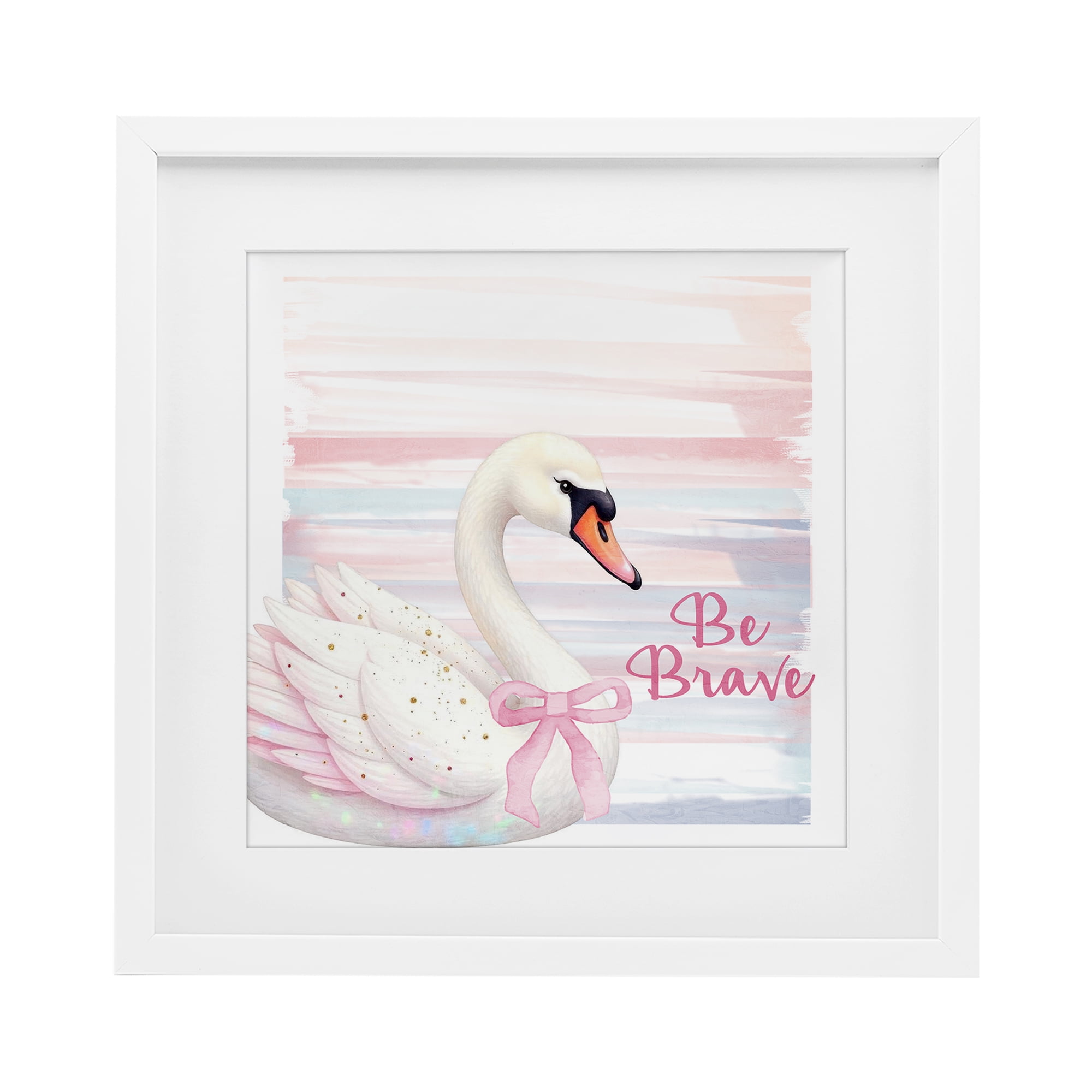Be Brave Pastel Swan White Framed Print Under Glass, design by Kim Allen