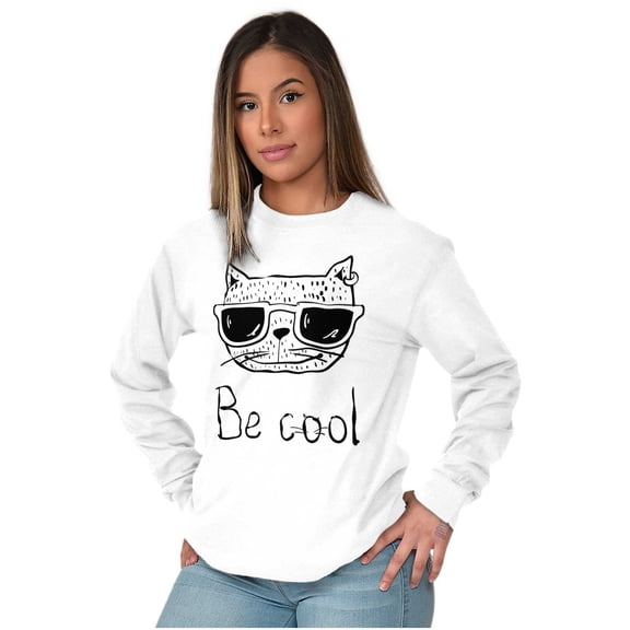Be Cool Hipster Cat with Glasses Long Sleeve TShirt Men Women Brisco Brands S