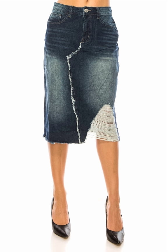 Distressed Denim Midi Skirt,Raw Hem, Dark Wash, Mid-Rise
