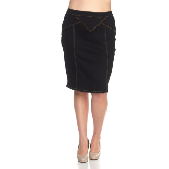 Be-Girl Women Plus Size Knee Length Denim Pencil Skirt, Black with Contrast Sttiching, Back Zipper