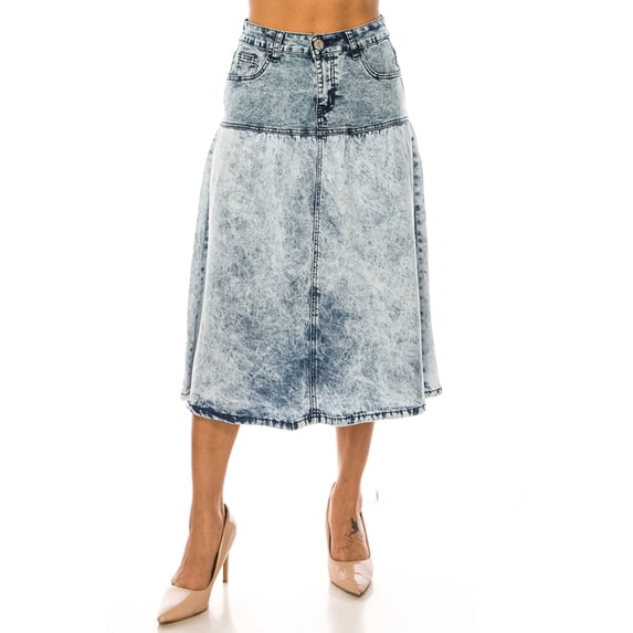 Be-Girl Women's Acid Wash Denim Midi Skirt,Flare, Mid-Waist, Distressed Finish-SG-89396