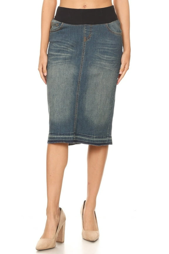 Women's Denim Maternity Midi Skirt Lycra Rib Elastic Waistband Vintage Wash - SG-77511