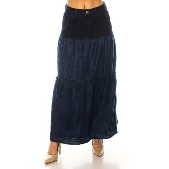 Be-Girl Women's Denim Maxi Skirt, Tiered Ruffle Design, Long Length with Denimm Waistband - SG-89358