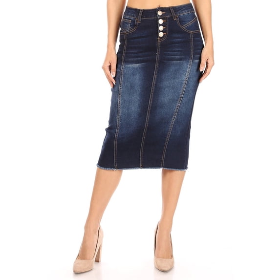 Be-Girl Women's Denim Pencil Skirt, Knee Length, Button Front Closure, Frayed Hem - SG-77873