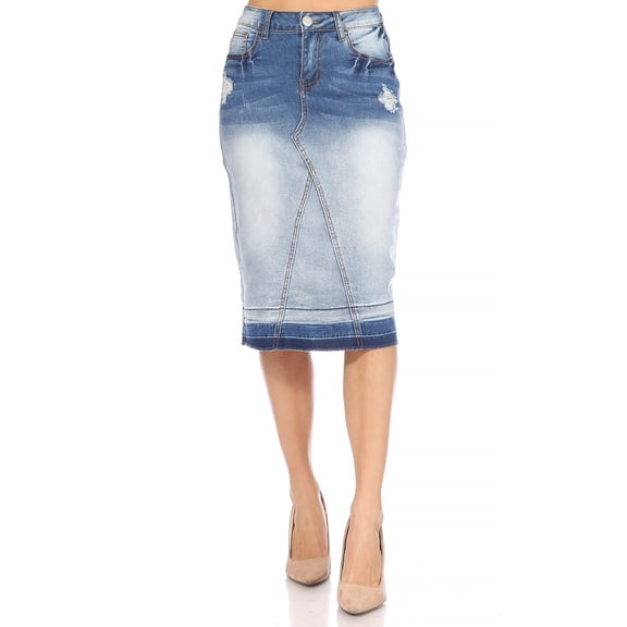 Be-Girl Women's Denim Pencil Skirt, Light Blue Ombre Wash, Distressed Details, Knee Length, Release Hem - SG-77986