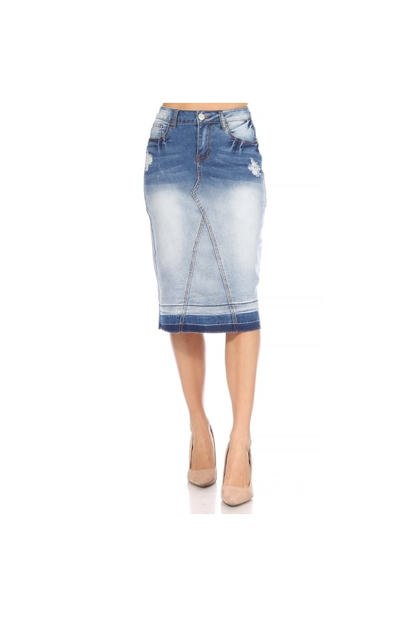 Women's Denim Pencil Skirt, Light Blue Ombre Wash, Distressed Details, Knee Length, Release Hem - SG-77986