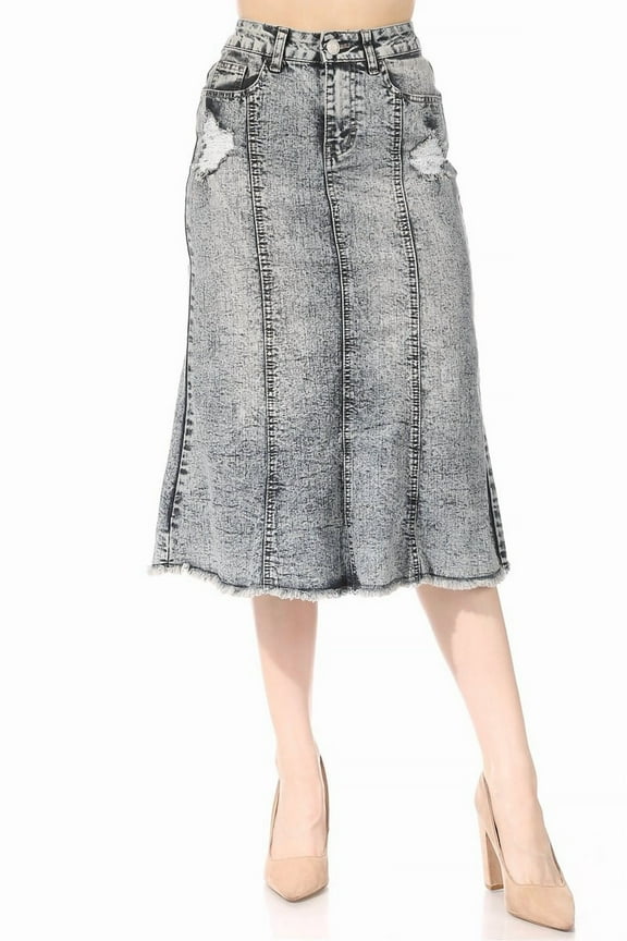 Women's Distressed Acid Wash Denim Midi Skirt, Mid-Rise Waist, Raw Hem