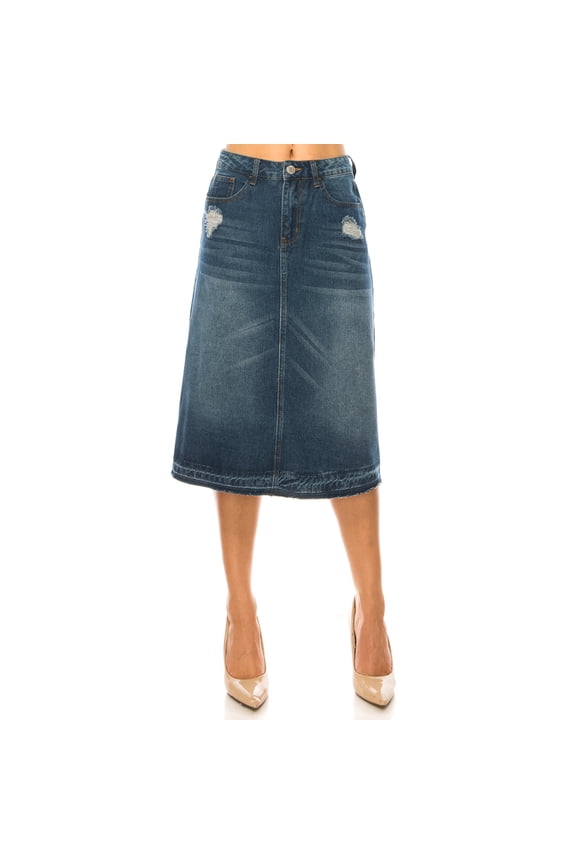 Women's Distressed Denim Midi Skirt, Medium Wash Blue, A-Line with Raw Hem, Knee Length - SG-79144