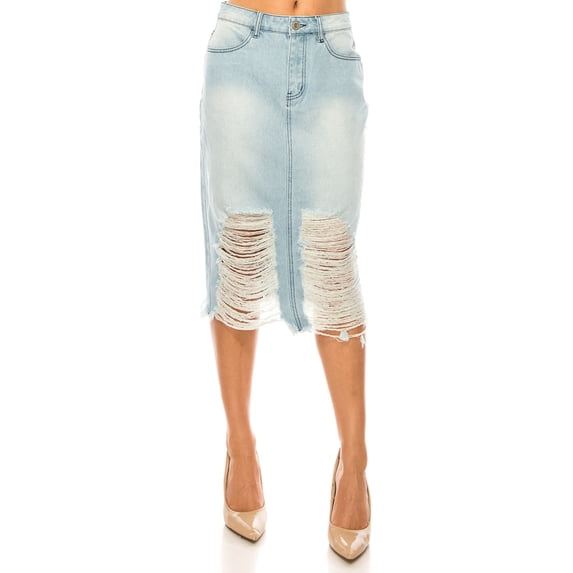 Be-Girl Women's Distressed Denim Midi Skirt,Mid-Rise with Frayed Hem and Ripped - SG-79149