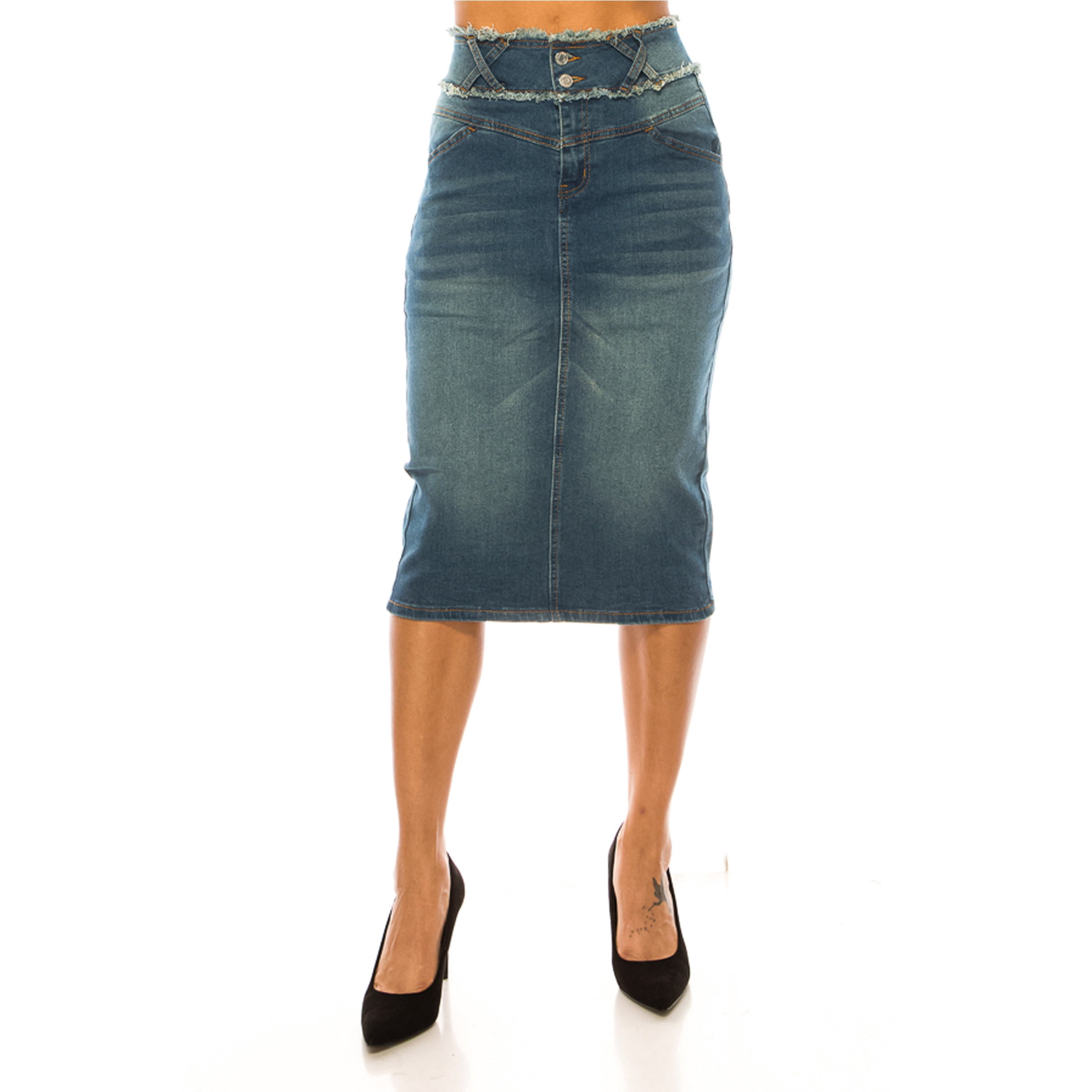 Be-Girl Women's High Waist Denim Pencil Skirt, Frayed Waistband Detail ...