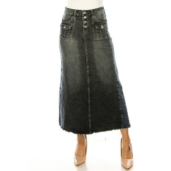 Be-Girl Women's Long Denim Skirt,Button-Front A-Line Maxi, Raw Hem, Cargo Pockets-SG-89175