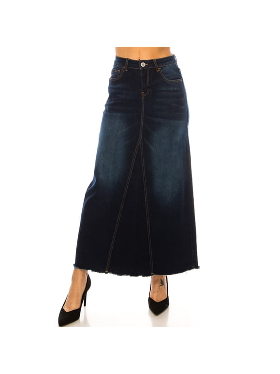 Women's Long Maxi Denim Skirt, Dark Blue Wash, A-Line with Raw Hem, Triangle Cut - SG-89209