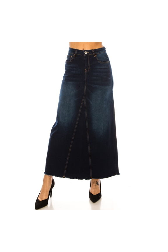 Women's Long Maxi Denim Skirt, Dark Blue Wash, A-Line with Raw Hem, Triangle Cut - SG-89209