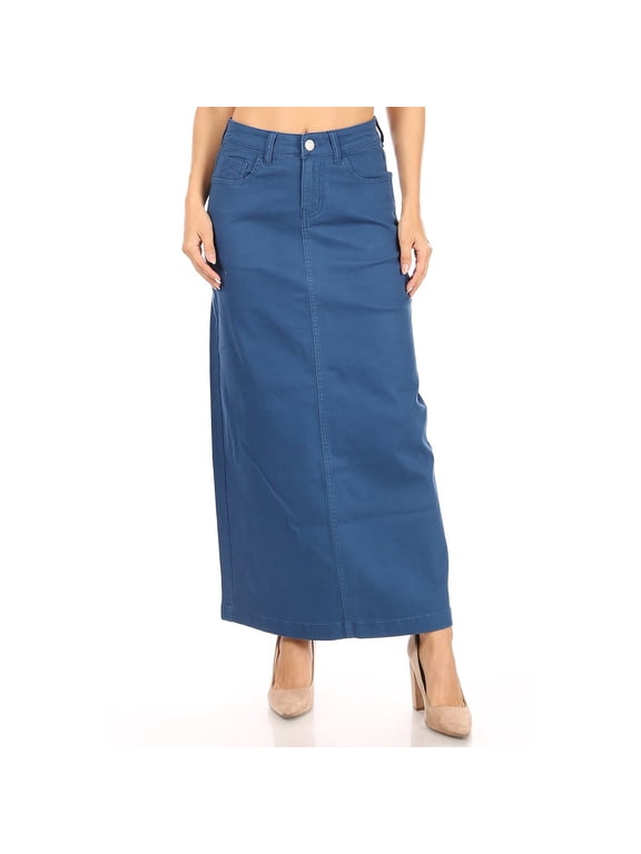 Women's Maxi Denim Twill Skirt, Straight Jean Skirt with Pockets - SG-87812