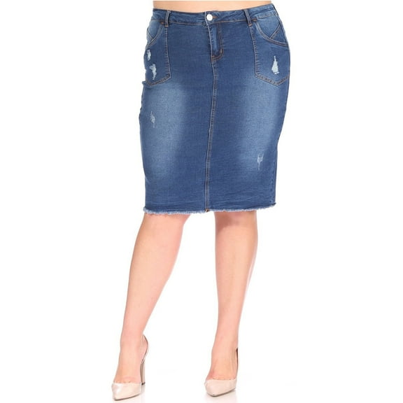Be-Girl Women's Plus Distressed Denim Knee-Length Skirt,Frayed Hem, Medium Wash