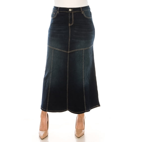 Be-Girl Women's Plus Long Denim Skirt, A-Line Maxi Length, Contrast Stitching - SG-87984