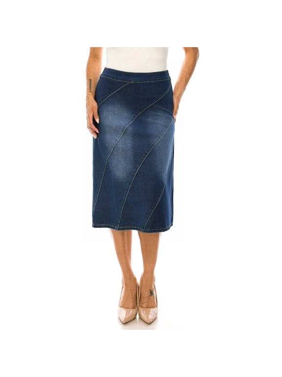 Women's Stretch A-Line Denim Skirt, Curved Seam Detail, Side Zip, Back Pocket - SG-79458