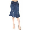 thumbnail image 1 of Be-Girl Women's Stretch Denim Midi Skirt, Frayed Seam Design, Flared Mermaid Style, Knee Length -77932, 1 of 6