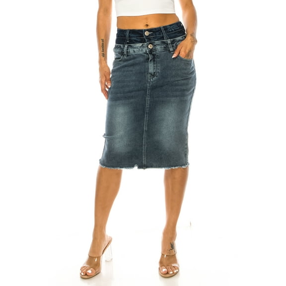 Be-Girl Women's Stretch Denim Midi Skirt, Raw Hem, Double Button Waistband,Knee Length-79217-DK