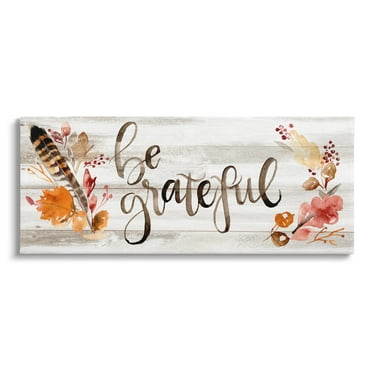 Be Grateful Boho Calligraphy Rustic Autumn Flowers Botanical & Floral Graphic Art Gallery-Wrapped Canvas Print Wall Art