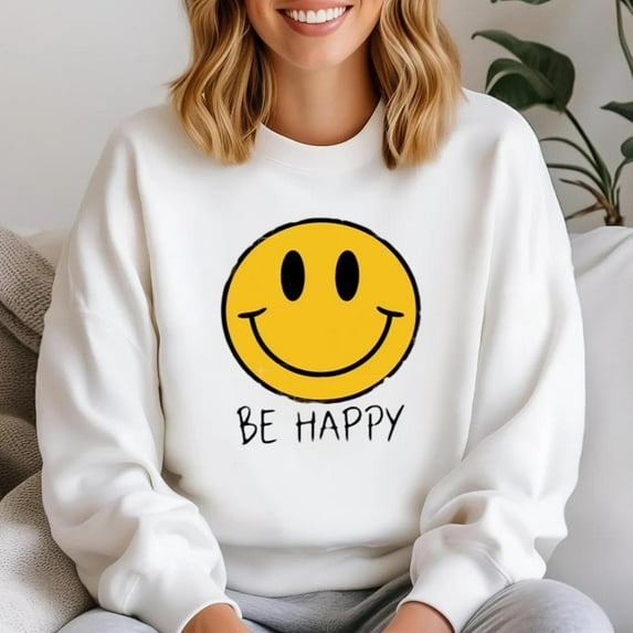 Be Happy 70s Smile Face Retro Vintage Positive Vibe Graphic Sweatshirt, for men & women, up to size 5XL.