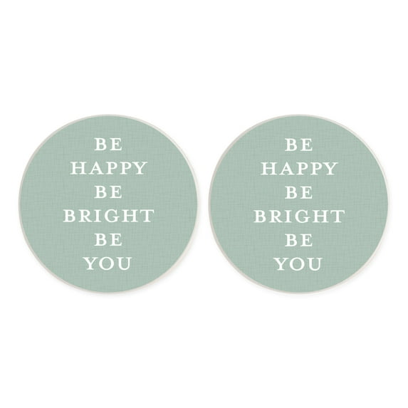 Be Happy Bright Teal Blue 2.75 x 2.75 Absorbent Ceramic Car Coasters Pack of 2