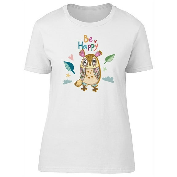 Be Happy Cute Owl Doodle T-Shirt Women -Image by Shutterstock, Female Medium