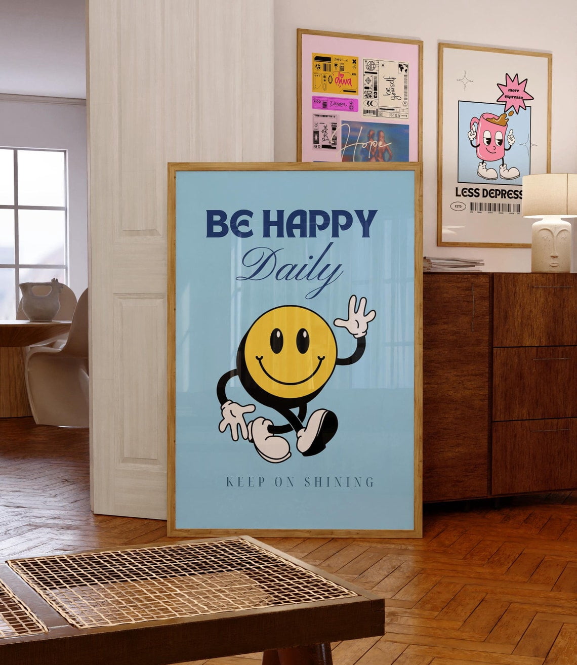 Be Happy Daily Wall Art Print, Retro Character Affirmation And Cheerful ...