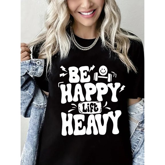 Be Happy Life Heavy funny Print Workout Shirts for Women Black One-Piece
