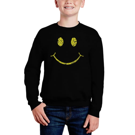 Be Happy Smiley Face - Boy's Word Art Crewneck Sweatshirt