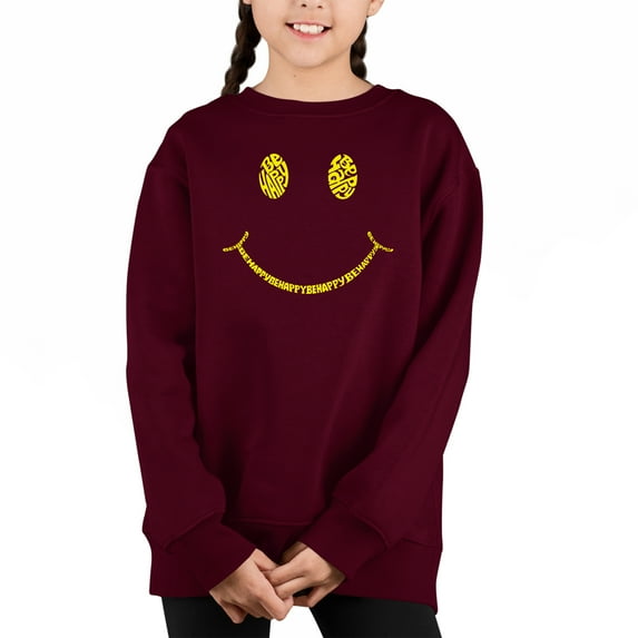 Be Happy Smiley Face - Girl's Word Art Crewneck Sweatshirt