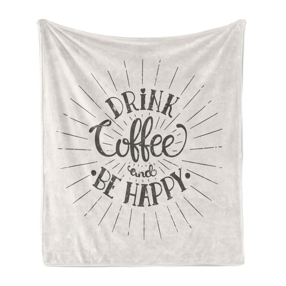 Be Happy Soft Flannel Fleece Blanket, Drink Coffee and Be Happy Words with Grunge Effect on Pastel Backdrop, Cozy Plush for Indoor and Outdoor Use, 50" x 60", Dark Taupe and Eggshell, by Ambesonne