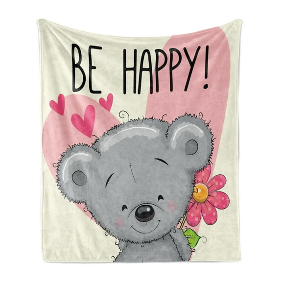 Be Happy Soft Flannel Fleece Throw Blanket, Cartoon Style Smiling Teddy Bear Holding a Flower Hearts Kids Childhood, Cozy Plush for Indoor and Outdoor Use, 70" x 90", Multicolor, by Ambesonne