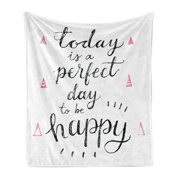 Be Happy Soft Flannel Fleece Throw Blanket, Grungy Hand Lettering of Inspirational Words with Pink Triangles, Cozy Plush for Indoor and Outdoor Use, 70" x 90", Pale Pink White, by Ambesonne